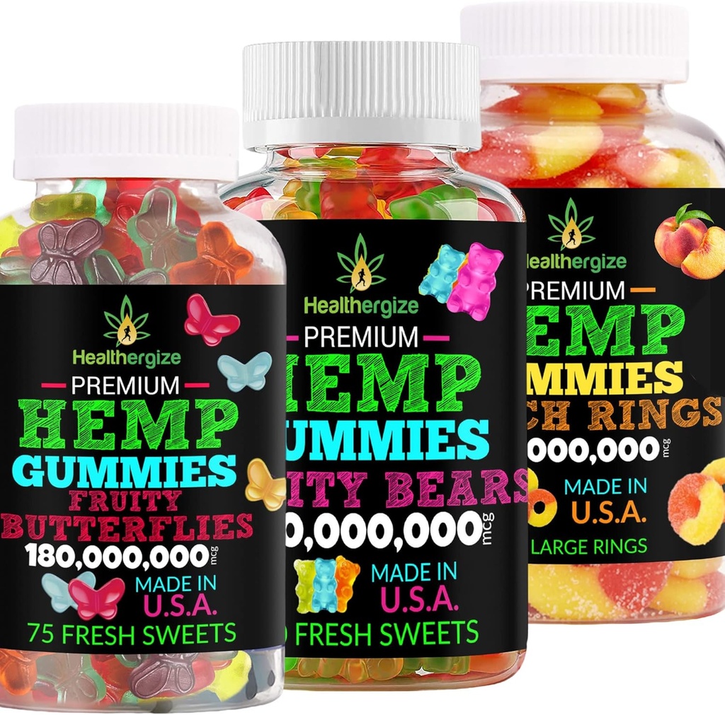 Gommies de chanvre 3PACK Ours gommy haut de gamme, papillons de fruits et anneaux de pêche frais-pour le sommeil, le calme, la détente, les muscles, le dos, le malaise, l'inflammation-partie naturelle-Fabriqué aux États-Unis
