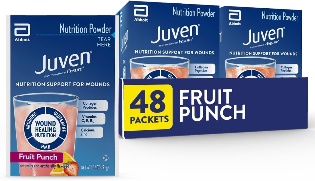 Juven Therapeutic Nutrition Drink Poudre incluant les peptides de collagène, les acides aminés et le HMB pour le soutien de guérison des plaies, punch aux fruits, 48 paquets