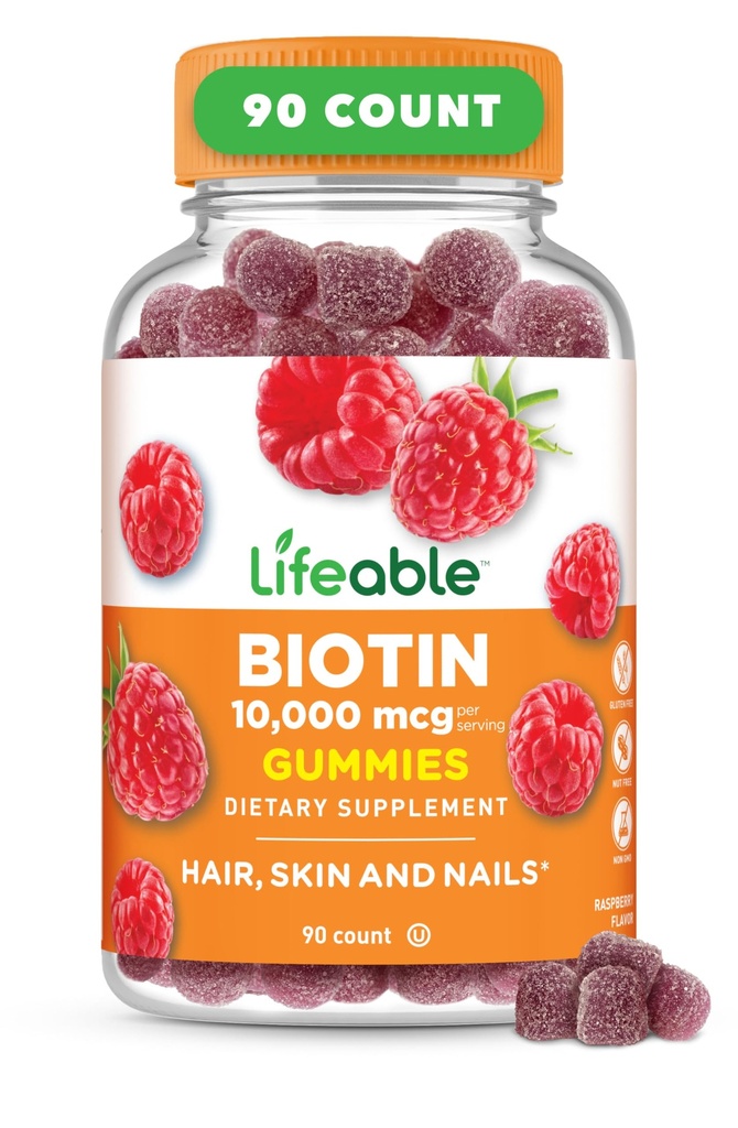 Gommies de biotine vivace : 10 000 mcg. Great Tasting Hair Skin and Nails Gummies Supplément de biotine végétalien sans OGM : 100 000 mcg.