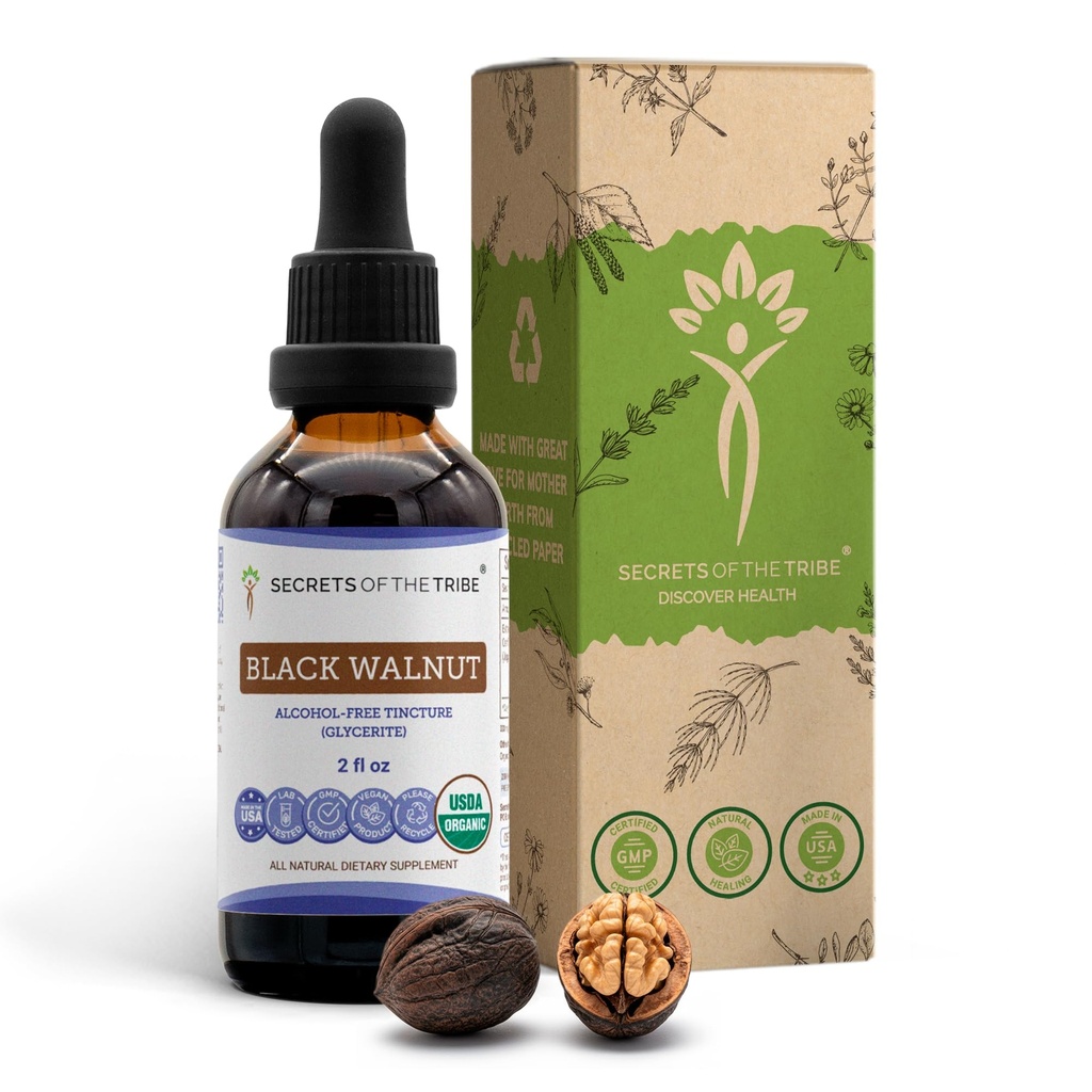 Secrets de la Tribe Black Walnut USDA Organic..Extrait sans alcool, gouttes à base de plantes de haute puissance. Fabriqué à partir de 100% de noix noires certifiées biologique (Juglans Nigra)