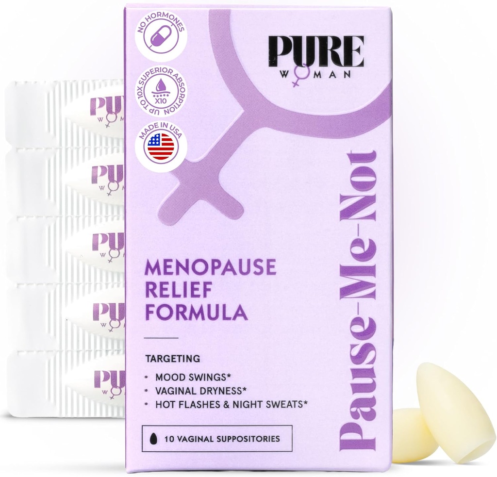 Pure femme Pause-Me-pas Ménopause Relief Suppositories vaginales - Hydratant vaginal pour les femmes ménopausées - Vitamine E et acide hyaluronique Suppositories vaginales pour la sécheresse, Flash chaud et la sueur de nuit