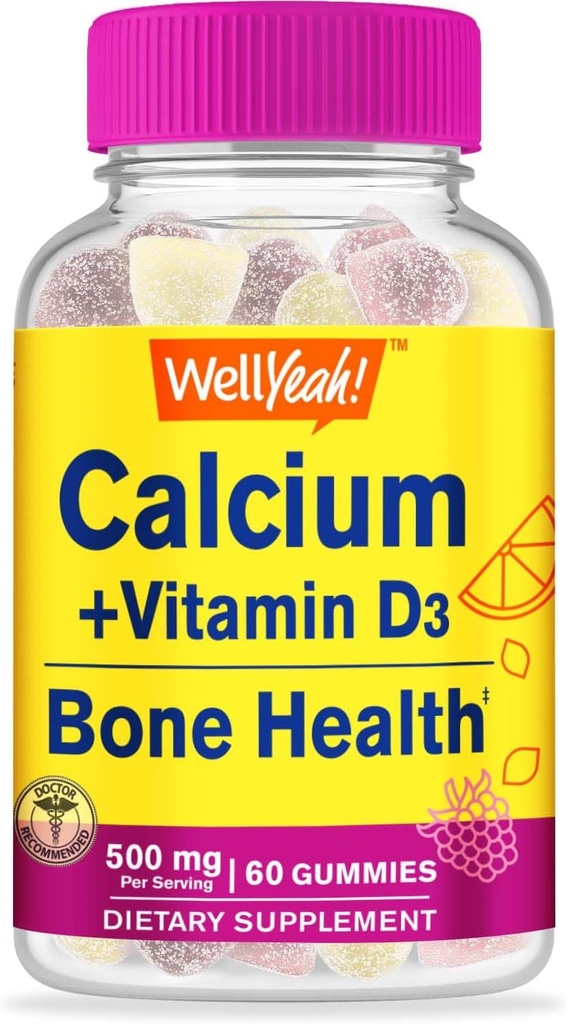 Eh bien oui Calcium 500mg + Vitamine D3 1000 UI (25 mcg) Gummies - Bone Health and Muscle Supprt, Immune Support Gummy, Non OGM, Sans gluten, Mélanger les arômes de fruits - 60 Gummies