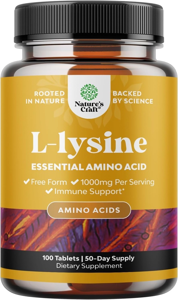 Natures Craft L-Lysine Sans Capsules - Supplément L-Lysine haute résistance pour la santé des yeux Soins des lèvres Collagène Synthèse et soutien immunitaire - Acide amino essentiel - 1000mg par portion - 100 Compte