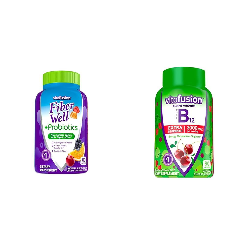 Bien en fibre de Vitafusion + Probiotiques Gommies pour adultes 60 Compte Vitamine B12 Gommy Vitamines pour le métabolisme énergétique Soutien 90 Compte