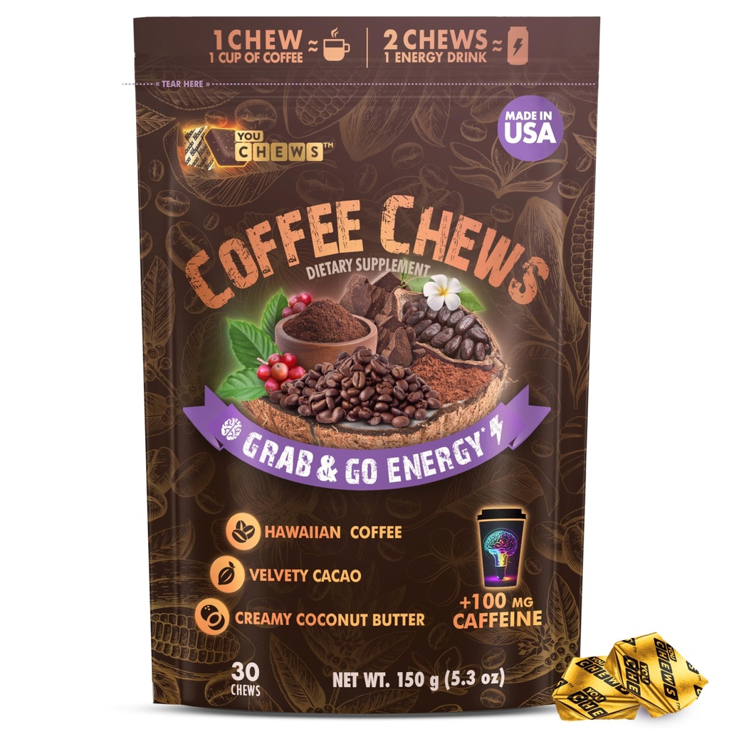 YouChews Chews Coffee Chews - Grab & Go Energy avec 100mg par Chew de caféine verte propre. Avec de vrais ingrédients biologiques, un faible sucre, un grand goût gras et un boost énergétique longue durée (30 Chews Pack)