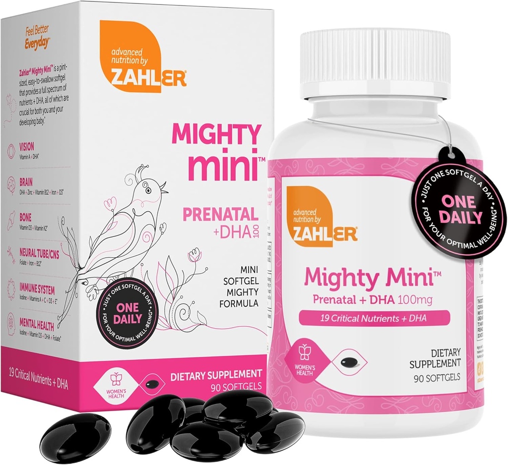 Zahler Mighty Mini Prenatal Vitamin with DHA & Folate - Certified Kosher - All Natural Prenatal Vitamins - Multivitamin for Pregnant Women - 19 Prenatal Vitamins Including Folic Acid (90 Softgels)