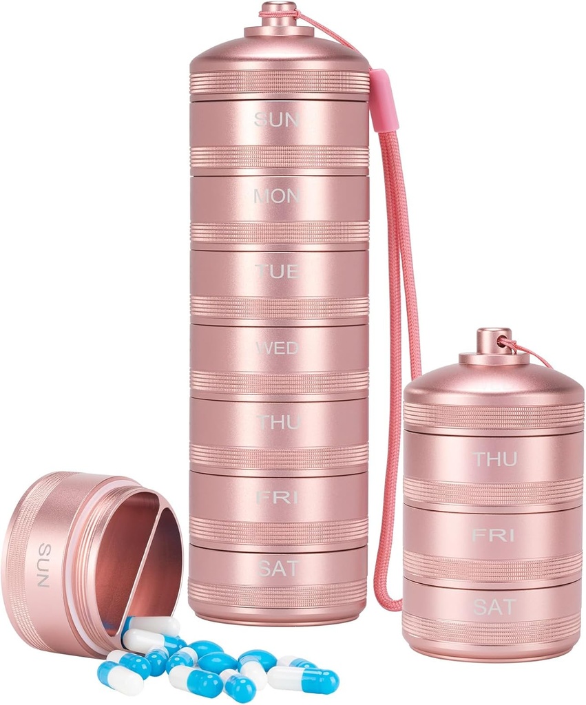 XHT Pink Weekly Metal Pill Organizer 7 jours 2 fois par jour – Esthétique Imperméable AM PM Travel Pill Box, heavy Duty Pill Holder et Medicine Pill Organizer pour les vitamines, huile de poisson et suppléments