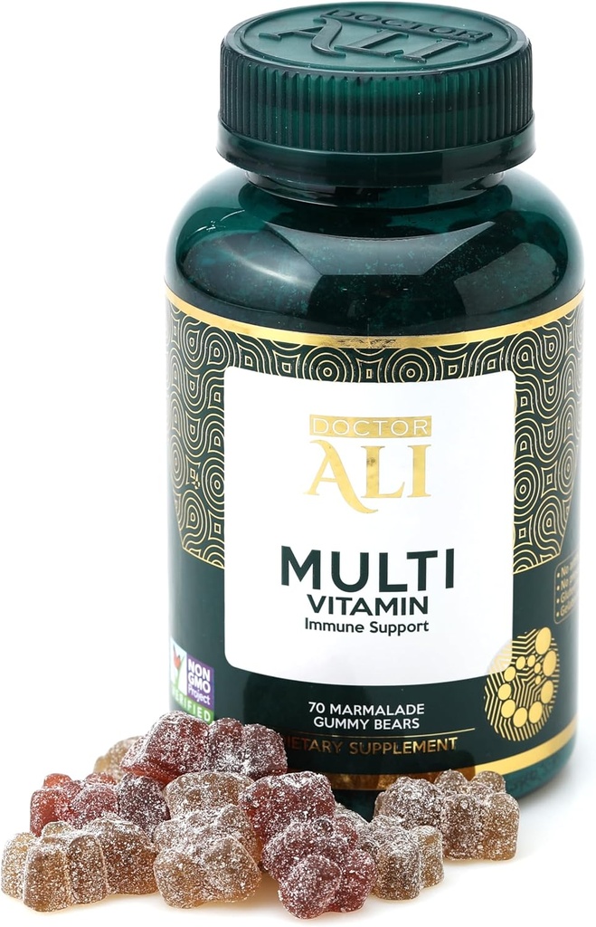 Docteur ALI Multivitamine naturelle Gummies quotidiennes biologiques avec vitamine A, C, et nutriments essentiels.