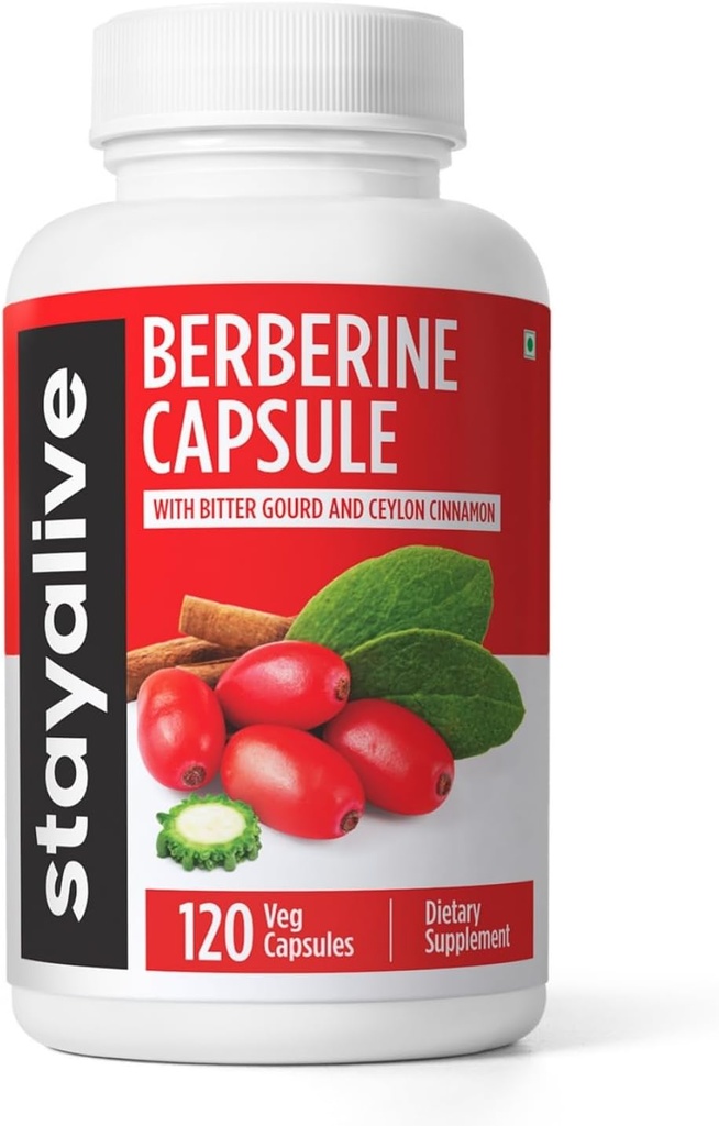 STAY ALIVE Berberine Premium avec cannelle Ceylan, complexe 3-en-1 avec extrait Berberine HCL 1200mg & Bitter Gourd, 120 Capsules, poudre extra-résistante, supplément sans OGM et sans gluten