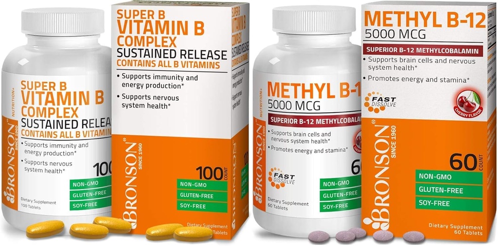 Bronson Méthyl B12 5000 mcg Vitamine B12 Méthylcobalamine Lozenges + Super B Complexe Vitamine B Soutenu à libération lente