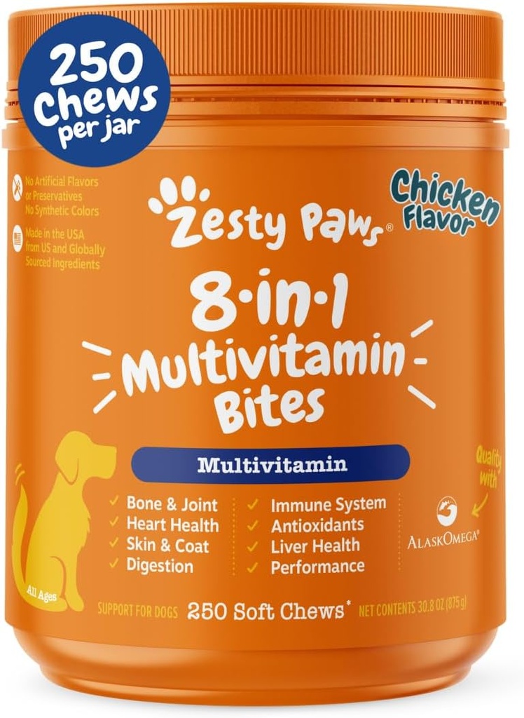 Zesty Paws Dog Multivitamine, Vitamines de chien à croquer et suppléments pour la hanche et les articulations, la peau et le manteau, Omega 3 Huile de poisson pour chiens- Multivitamine senior et chiot - Chicken- 250ct