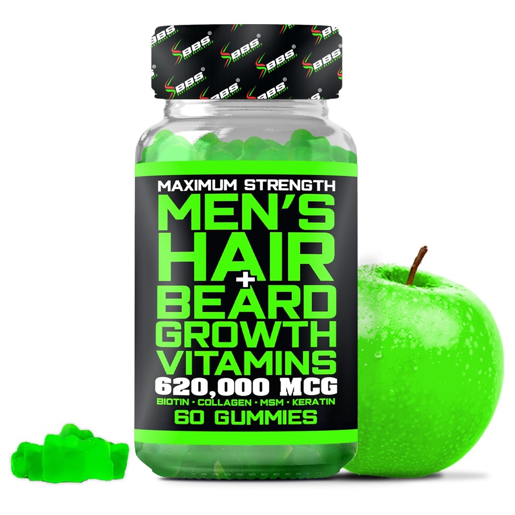 Meilleures Vitamines de croissance de la barbe - Gommies de biotine pour la croissance de la barbe et des cheveux – Résistance maximale 620.000mcg Biotine avec collagène, MSM, Keratin & Extrait de bambou