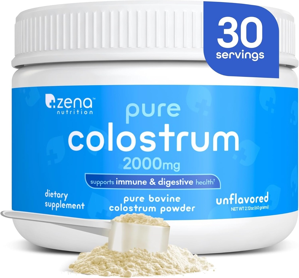 Zena Nutrition Bovine Colostrum Supplément en poudre, 2000mg Pure Colostrum, soutient la santé immunitaire et digestive, favorise la santé gustative, kéto, sans gluten, sans gras, herbe, non aromatisé, 30 portions