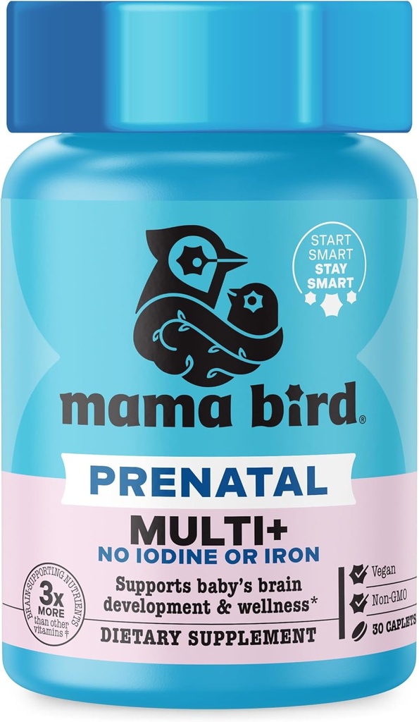 Best Nest Wellness Mama Bird Prenatal Multi Plus Iodine & Iron Free - Prenatal Vitamin for Brain & Digestive Health - Vegan Multivitamin with Methylfolate, Probiotics & More - 30 Caplets