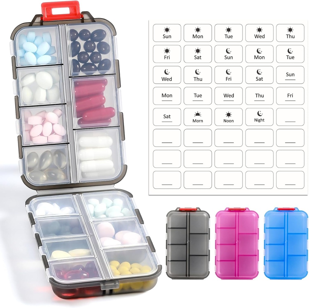 3 Pack 14 GRIDS Boîte d'organisateur de pilules de voyage avec étiquettes - Trousse de médicaments de voyage - Pocket Daily Pharmacie Conteneur - Distributeur de médicaments de voyage pour l'huile de poisson entreposage de supplément de vitamine - Clair