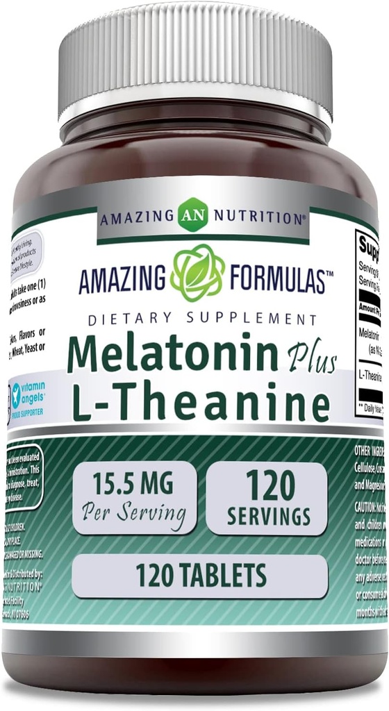 Formules étonnantes Melatonin Plus L-Theanine 15,5 Mg , Supplément de comprimés , non-OGM , sans gluten , Fabriqué aux États-Unis (1 Pack , 120 comte)