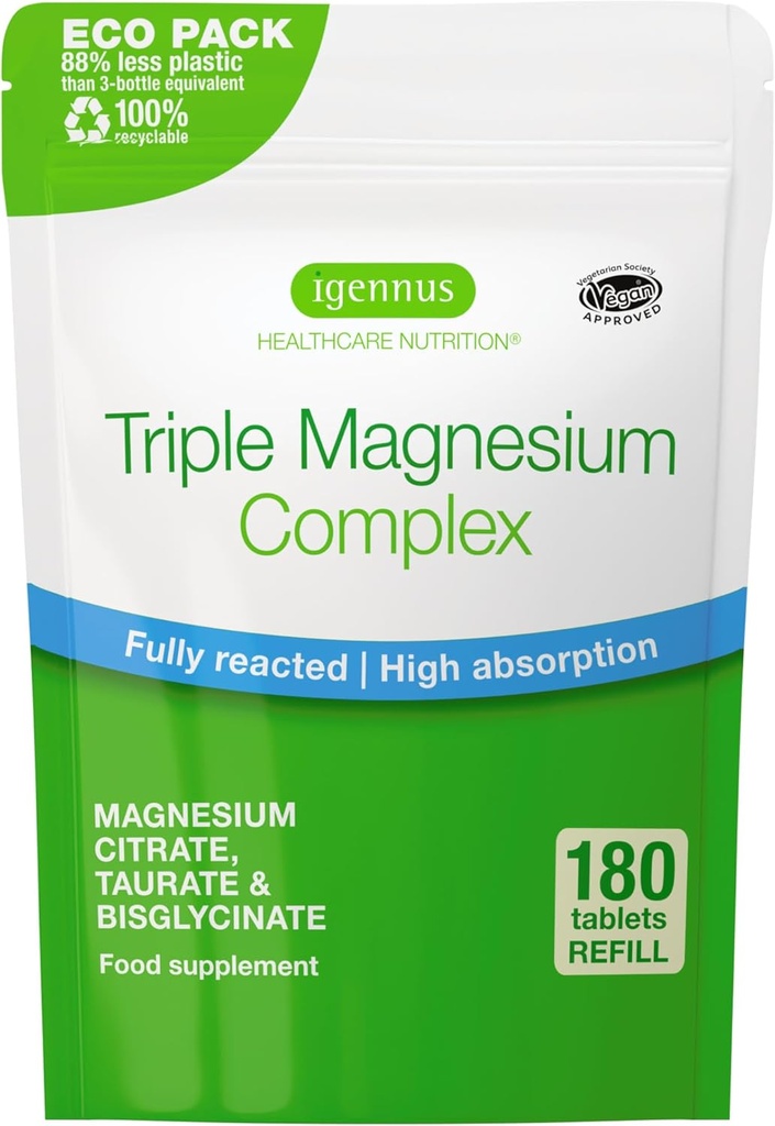 Igennus Superior Triple Magnesium Complex, Fully Reacted & Chelated Glycinate, Taurate & Citrate, Clean Label, High Bioavailability & Absorption, 180 Tablets, Vegan, Non-Buffered
