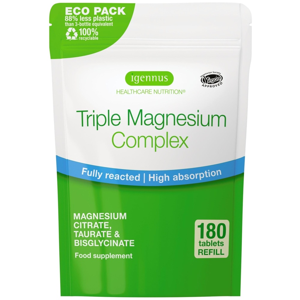 Igennus Superior Triple Magnesium Complex, Fully Reacted & Chelated Glycinate, Taurate & Citrate, Clean Label, High Bioavailability & Absorption, 180 Tablets, Vegan, Non-Buffered