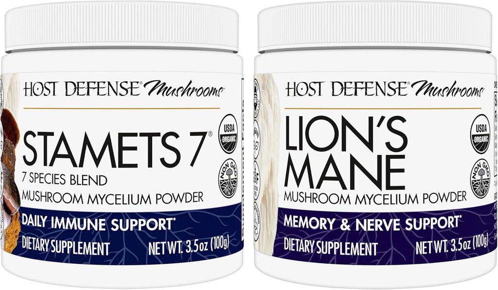 Host Defense Bundle with Stamets 7 Mushroom Powder, 3.5 oz & Lion's Mane Powder, 3.5 oz - Support Immune Health with 7 Species Blend - Support Brain Health, Memory & Focus*