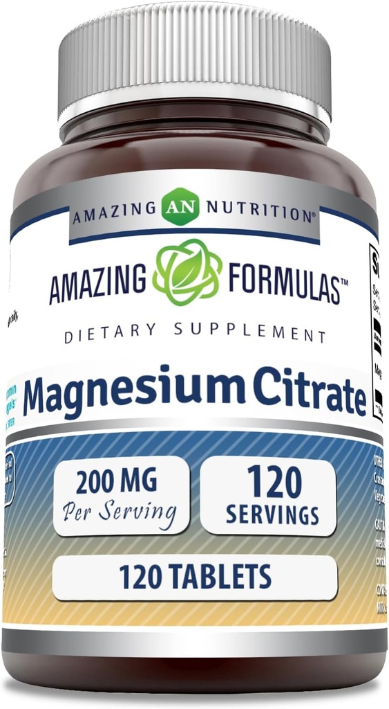Formules étonnantes Magnésium Citrate de 200 Mg Comprimés Supplément Minéral de 200 Mg Non-GMO , sans gluten , Fabriqué aux États-Unis (1 Pack, 120 Compte)