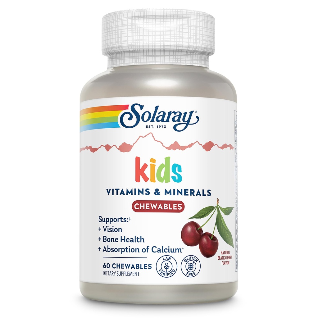 SOLARAY Enfants Vitamines et minéraux Multivitamine complète pour enfants Great Black Cherry Flavor (076280047974) (60 Chews, 30 Serv)