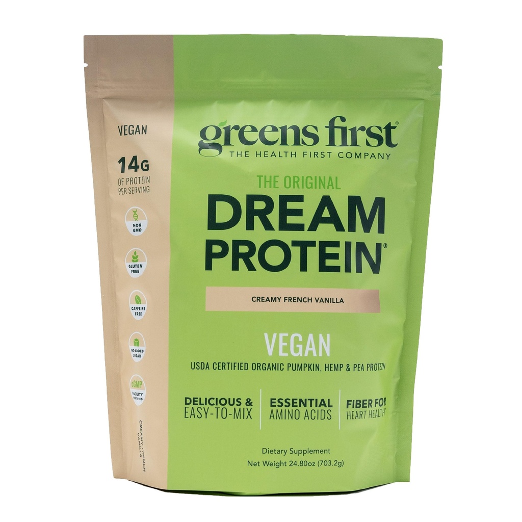 Greens First Dream Protéines Poudre végétalienne à base de plantes - USDA Protéines de citrouille, de chanvre et de pois organiques - Sans gluten, sans OGM, sans sucre ajouté (Vanille française crémeuse, 24,8 oz)