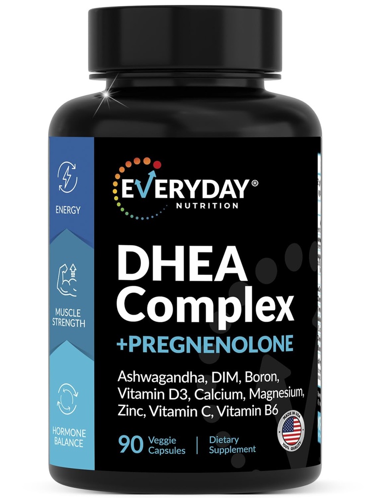 DHEA Micronised 200mg Complexe avec Pregnenolone 100mg Supplément pour les hommes et les femmes avec Ashwagandha, DIM, Magnésium, Boron, Calcium, Zinc, Vitamine D3, C et B6 Hormone Support - Fabriqué aux États-Unis 90 Capsules