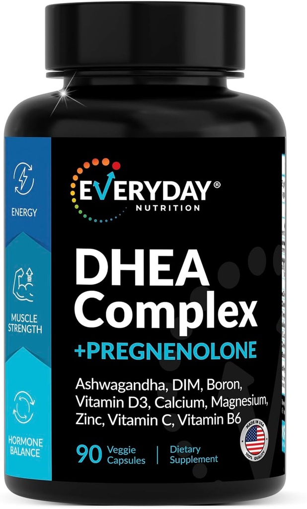 DHEA Micronised 200mg Complexe avec Pregnenolone 100mg Supplément pour les hommes et les femmes avec Ashwagandha, DIM, Magnésium, Boron, Calcium, Zinc, Vitamine D3, C et B6 Hormone Support - Fabriqué aux États-Unis 90 Capsules