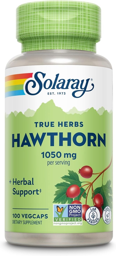 SOLARAY Hawthorn Berry Capsules 1050 mg - Apaisant le soutien aux plantes - Hawthorne Berry Supplément pour le bien-être général - Berry entier, végétalien, non-OGM, garantie de 60 jours, 50 portions, 100 VegCaps