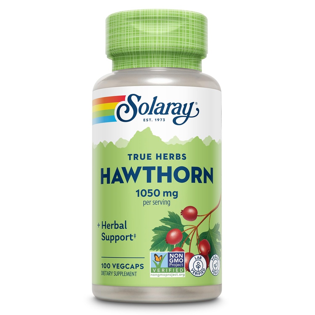 SOLARAY Hawthorn Berry Capsules 1050 mg - Apaisant le soutien aux plantes - Hawthorne Berry Supplément pour le bien-être général - Berry entier, végétalien, non-OGM, garantie de 60 jours, 50 portions, 100 VegCaps