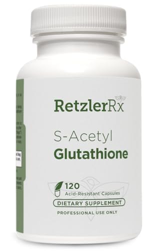 RetzlerRx S-acétyl glutathion Supplément 100 mg. par gélule, Fabriqué aux États-Unis - 120 capsules résistantes aux acides - Support antioxydant - Non-OGM, sans soja et sans gluten / Bergaflow®, Classe pharmaceutique