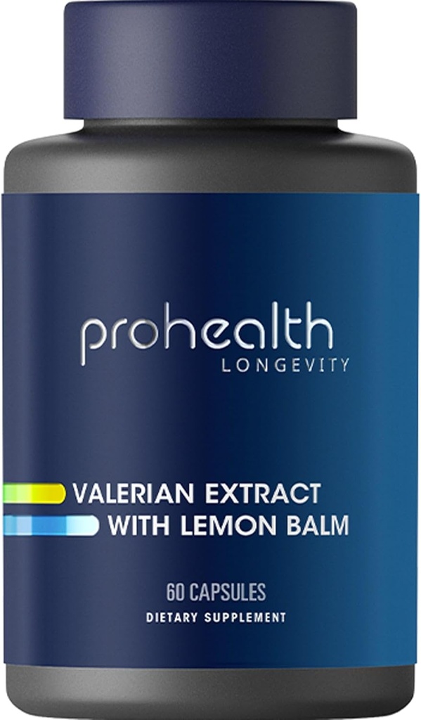 ProHealth Extrait valérian + baume de citron (60 gélules) 160 mg valérian + 80 mg baume de citron () Relaxation et soutien du sommeil () Pas de goggie matinale () Vegan () Sans gluten () Sans soja