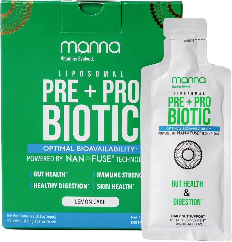 Vitamines de manna Evolved Liposomal Prebiotic + Probiotic Packets – 40 milliards CFU, 8 souches – Gut, Digestive, Immune Support – Haute Absorption, Plateau-Stable, Supplément quotidien, 30 portions simples