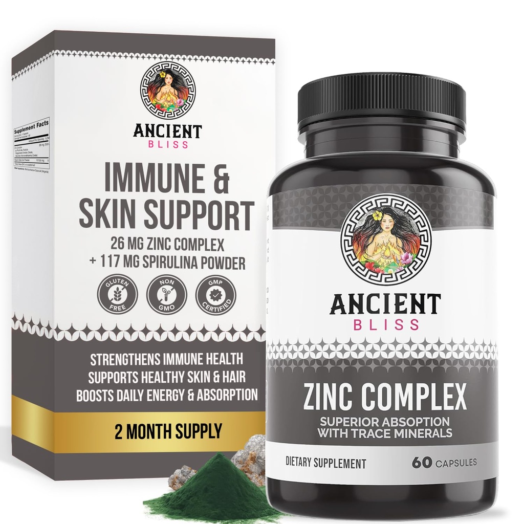Capsules complexes de zinc avec absorption accrue, supplément antioxydant et immunosupport, supplément de zinc pour les hommes et les femmes par Bliss antique (60 capsules)