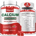 Gommies de zinc de magnésium de 2 paquets de calcium avec vitamine C D3 K2, Gommies de calcium pour os, Muscle, Calme et Support Zzz, Formule d'absorption élevée avec du potassium de zinc de magnésium, Aromatisé aux framboises 120 Cts