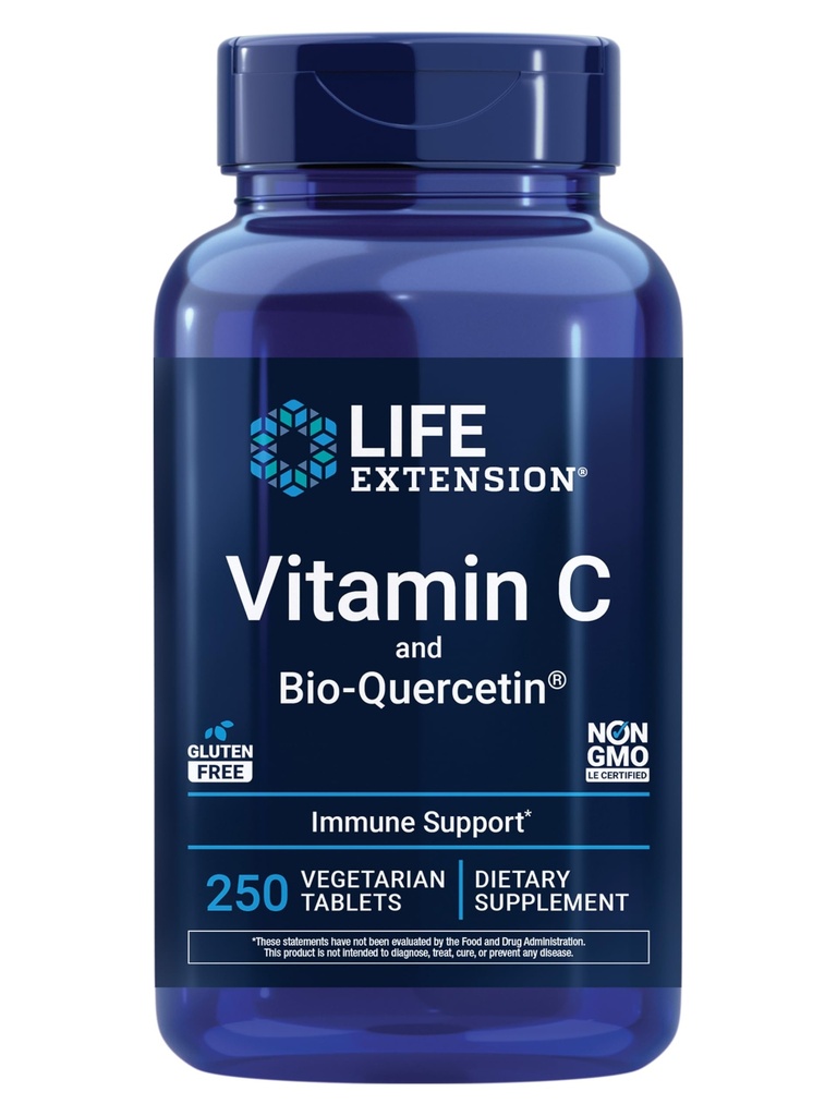 Vitamine C et Bio-Quercetin®, Supplément santé cardiovasculaire, Soutien immunitaire, Très absorbant, quercétine, Vitamine C, Sans gluten, Non-OGM, Végétarien, 250 comprimés