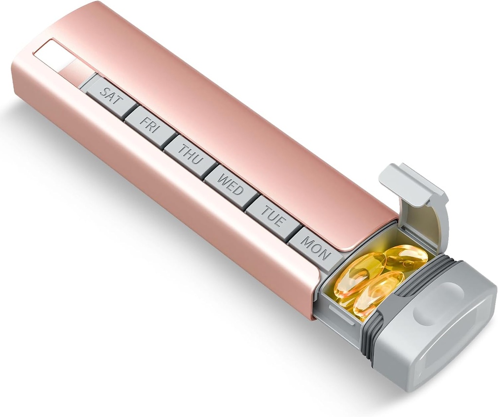 Organisateur de pilules de voyage hebdomadaire, 1 fois par jour, Mise à niveau de l'alliage d'aluminium de qualité supérieure Pill Box quotidien 7 jours, cas de pilule métallique portable, porte-pilule mignon pour tenir les vitamines, médicaments, pilules, suppléments (puits)