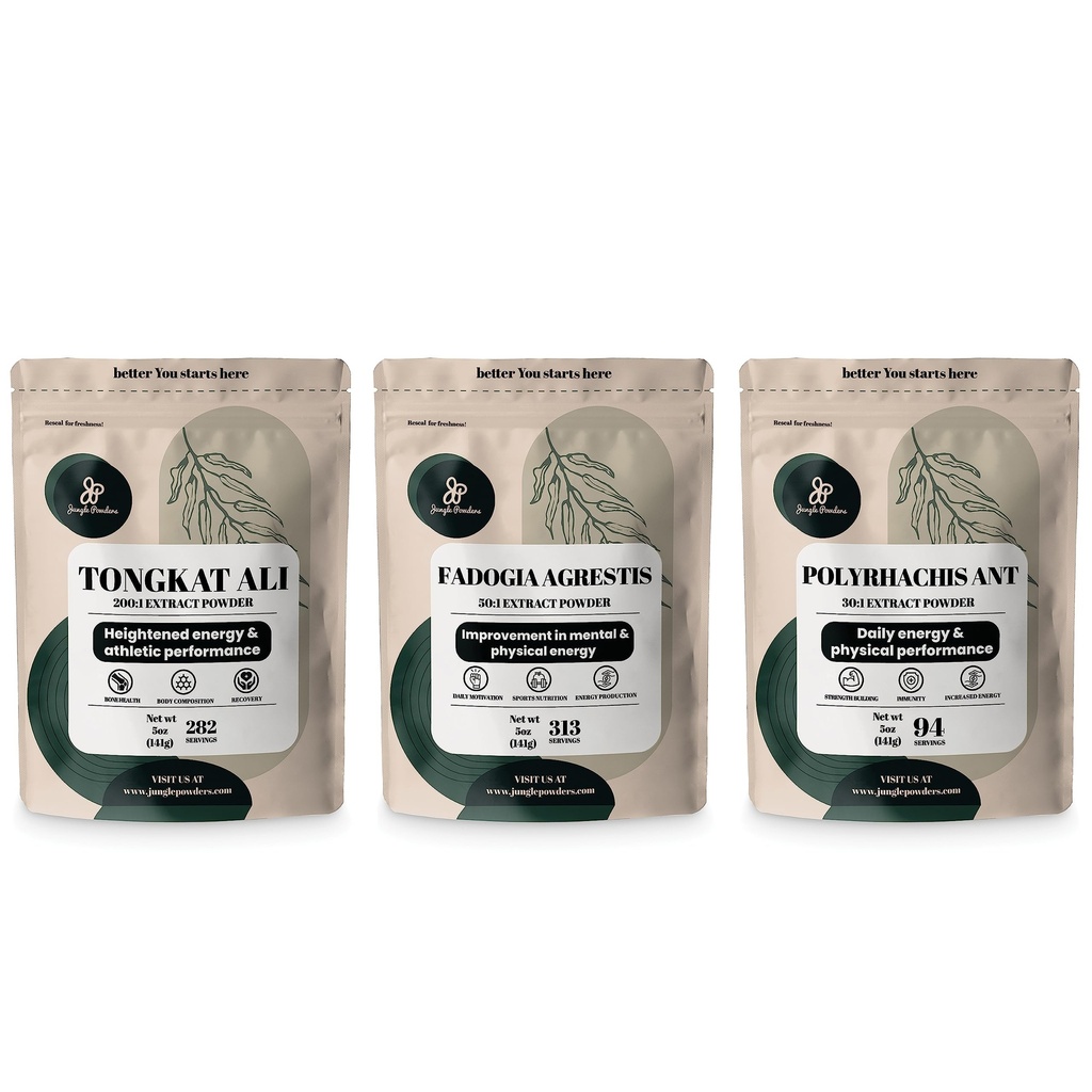 Poudres de jungle Tongkat Ali pour hommes 282 portions, Fadogia Agresti Extract Powder 313 portions, fourmi noire 30:1 Concentration 94 portions 5oz supplément hommes soutien de la santé pour la conduite et la passion