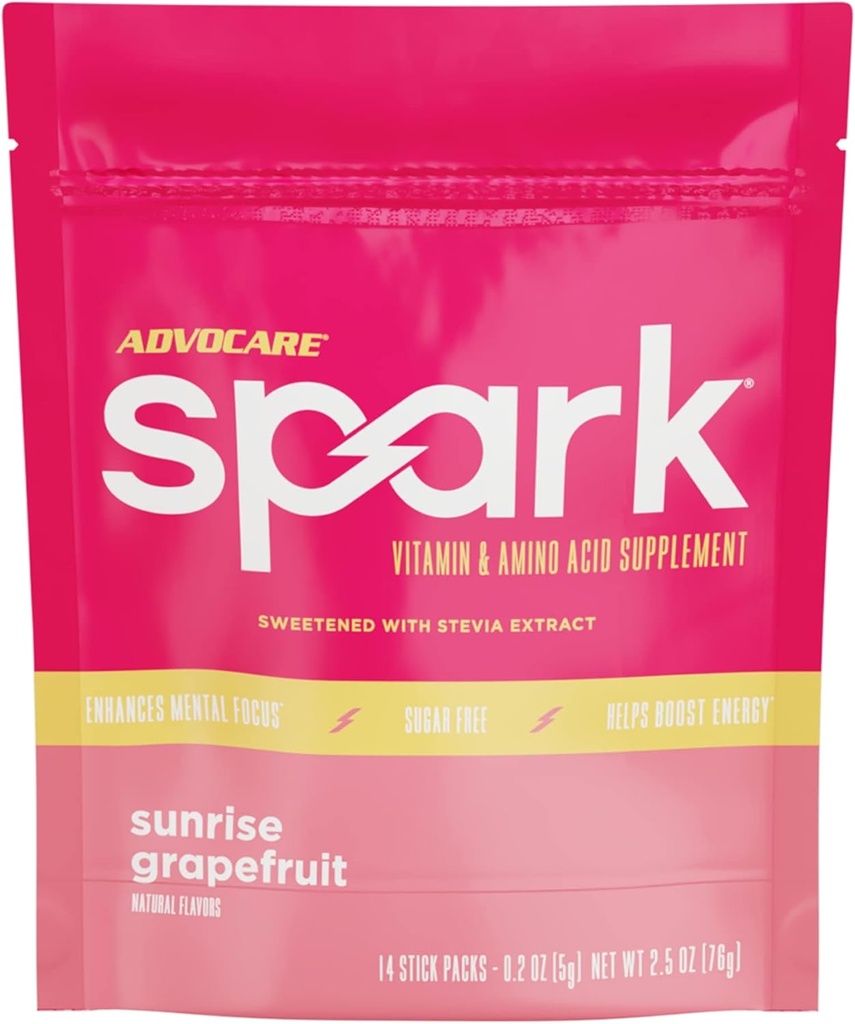 AdvoCare Spark - Mélange de boissons énergisantes - Supplément de vitamine et d'acide amino - Soutiens Énergie et Focus* - Portable Immune Support* - Sans sucre - Pamplemousse solaire, 14 Stick Packs (2,5 oz)