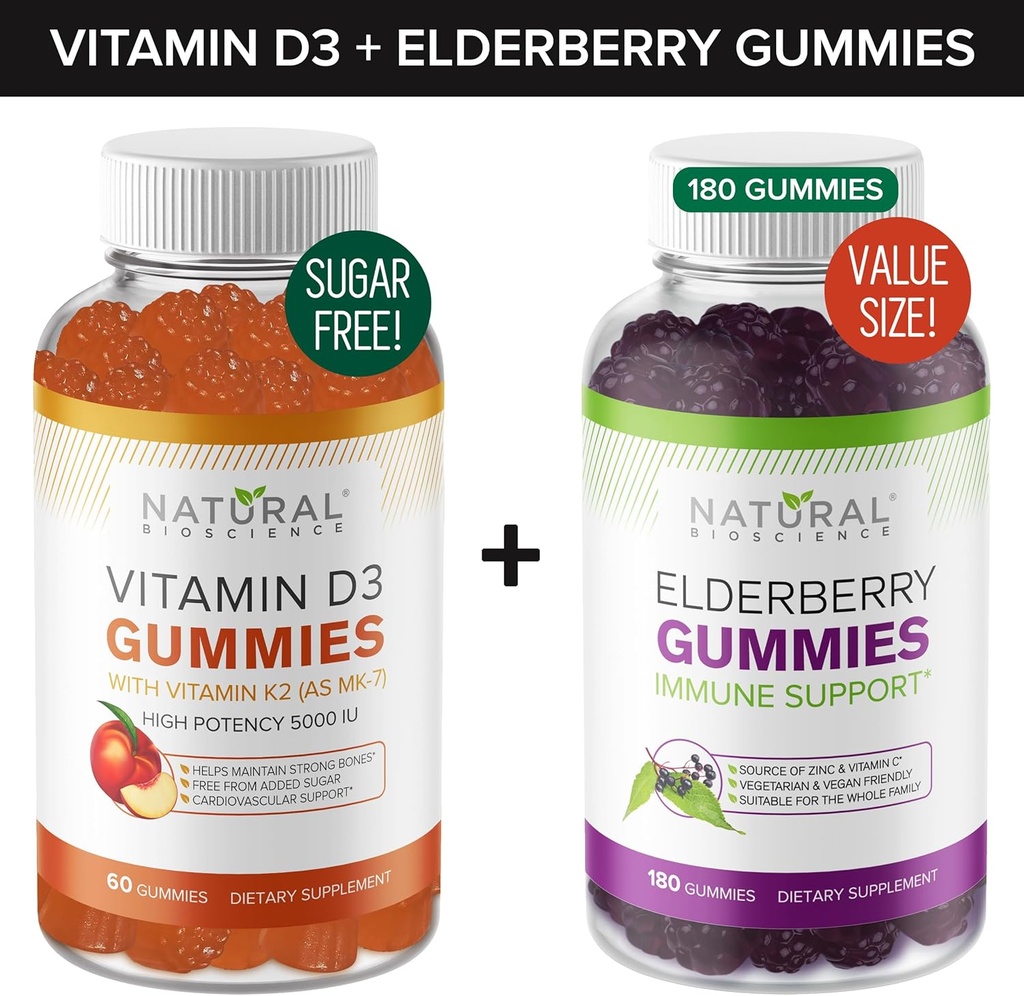Gummies de vitamine D sans sucre (60 Gummies) et de mûres âgées (180 Gummies) – Ensemble de soutien immunitaire, sans gélatine, sans gluten, végétarien, tout naturel, grand goût