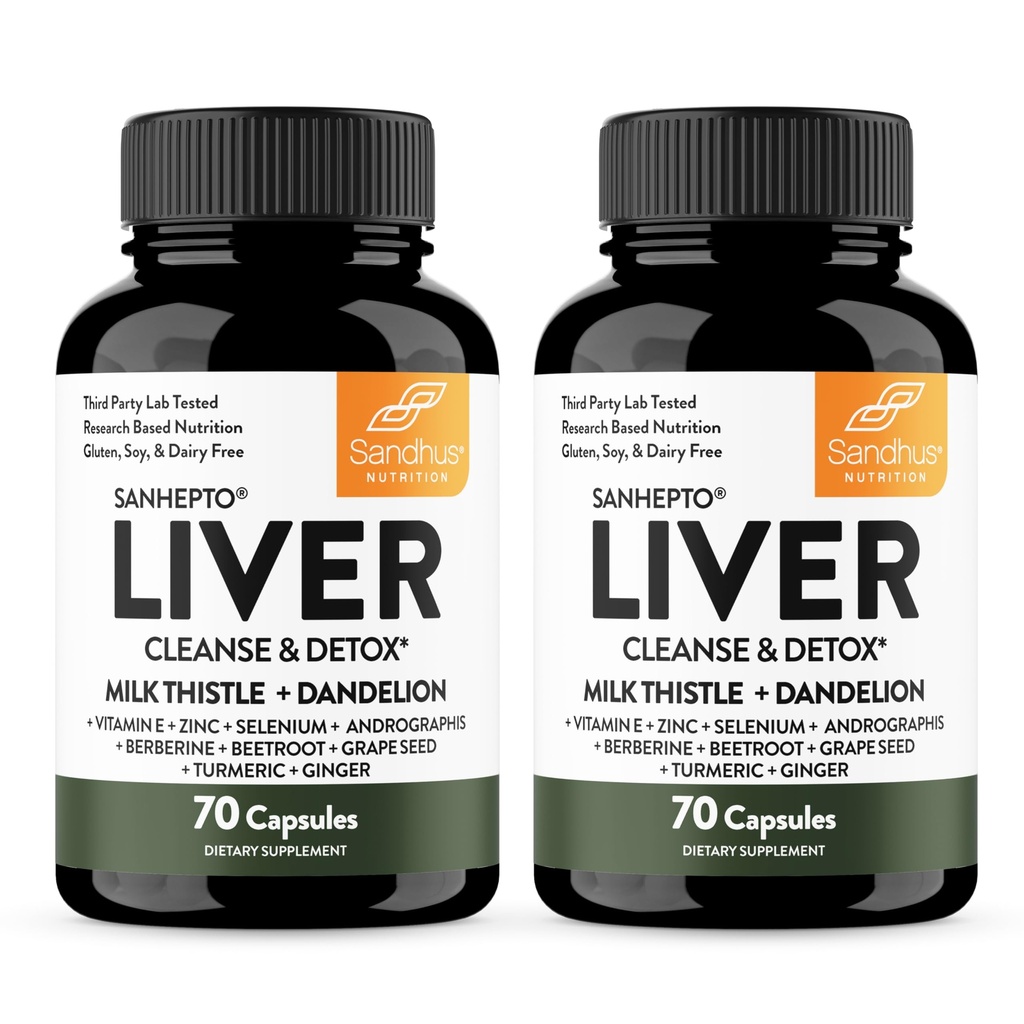 Sandhu's Liver Cleanse Detox & Repair Support (Pack of 2) , 70 Capsules (Pack of 2) , Supplément à base de plantes pour la santé du foie , Thistle de lait Dandelion racine Andrographe avec 8 minéraux