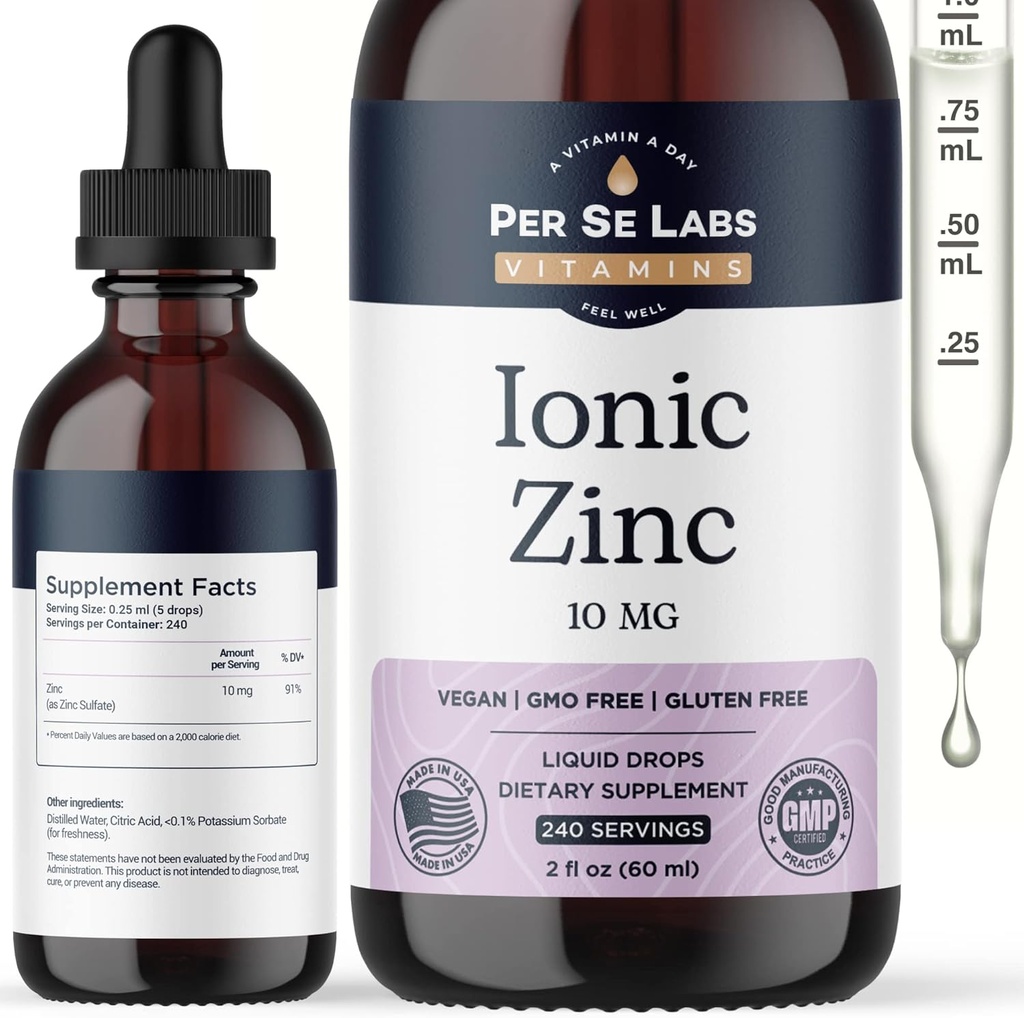 Per Se Labs Ionic Zinc Liquid - 10 mg High Absorption 240 portions Liquid Zinc gouttes pour adultes - Immune Support Soins de la peau Suppléments de zinc - Vegan Zinc Sulfate Antioxydant Supplément diététique - 2 Oz