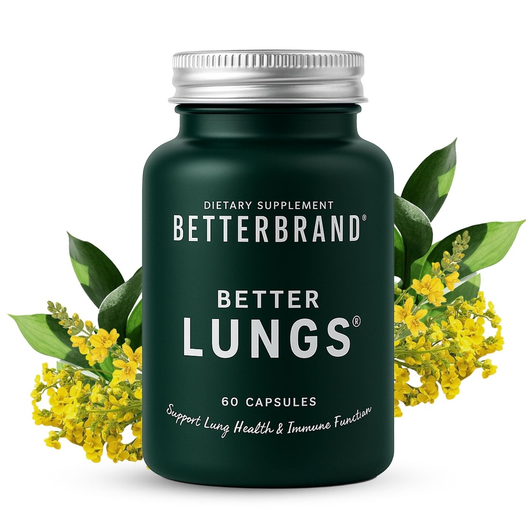 Betterbrand BetterLungs Supplément de soutien pulmonaire avec NAC, Mullein Leaf pour les fumeurs, Formule santé respiratoire avec Elderberry, Vitamine D, Ginseng, Reishi Champignon - 60 Capsules - Pack de 1