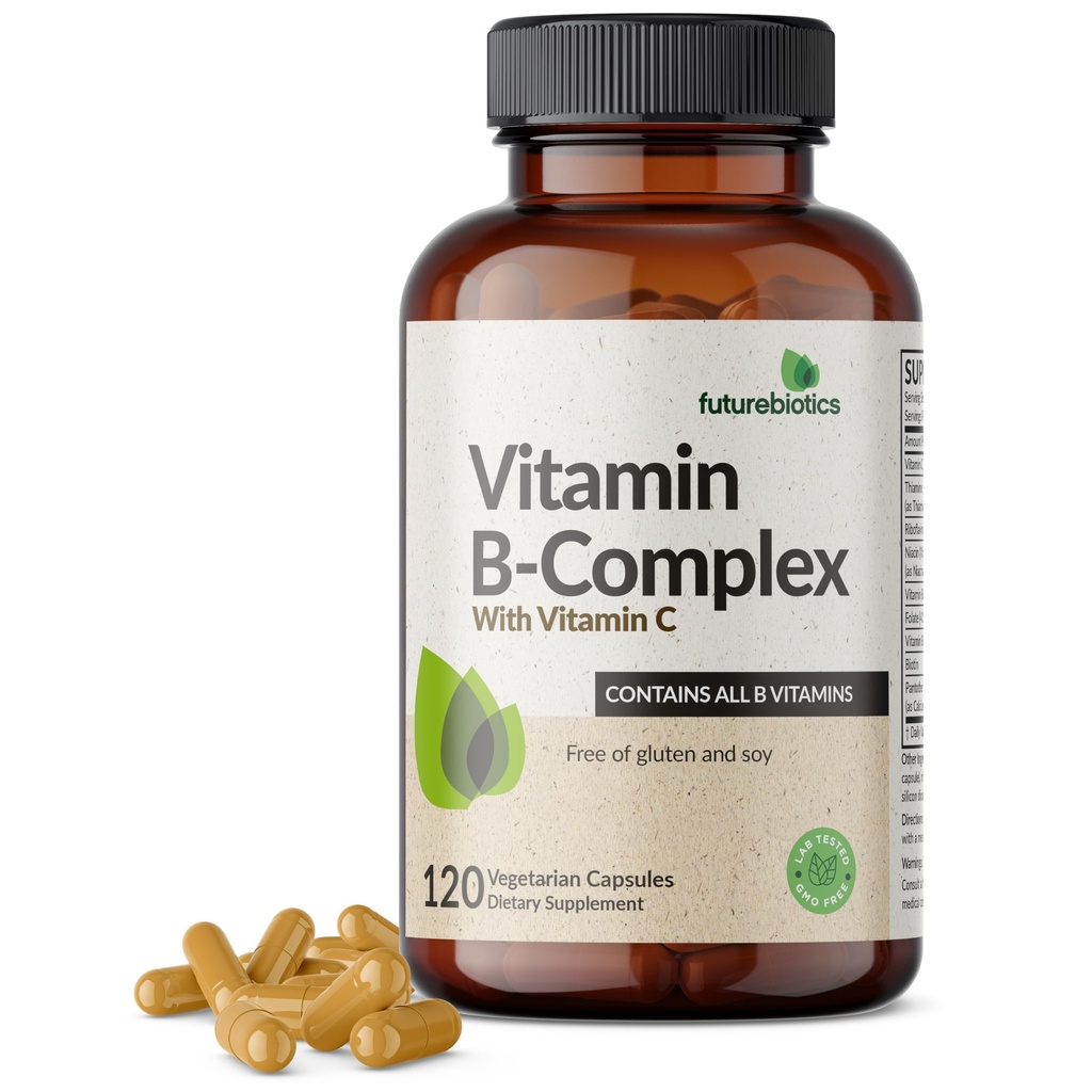 Futurebiotics Complexe de vitamine B avec vitamine C soutient la production d'énergie, le système nerveux et le soutien immunitaire - non-OGM, 120 capsules végétariennes