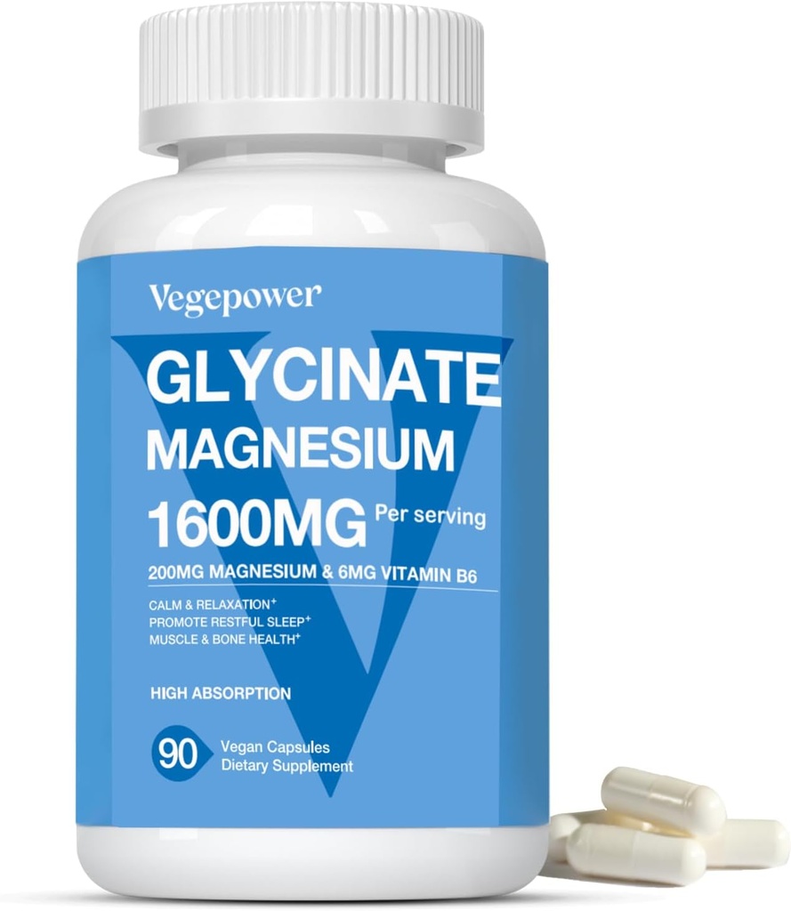 Magnésium Glycinate 1600mg Suppléments - avec vitamine B6 et zinc, vitamine D3, Magnésium chélaté pour le sommeil, la santé musculaire, osseuse et immunitaire, Magnésio d'absorption élevée, Non-OGM, Vegan 90 Capsules