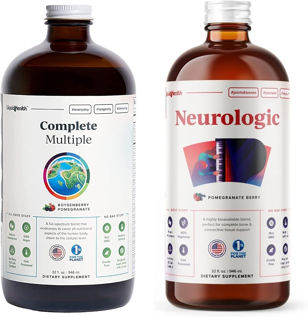 LIQUIDHEALTH Multivitamine quotidienne complète et neurologique Nootropic Liquid Vitamine Bundle pour les adultes - Boost Immune Support, Améliorer la mémoire, Focus et Concentration - Vegan, Non-OGM, Fabriqué aux États-Unis