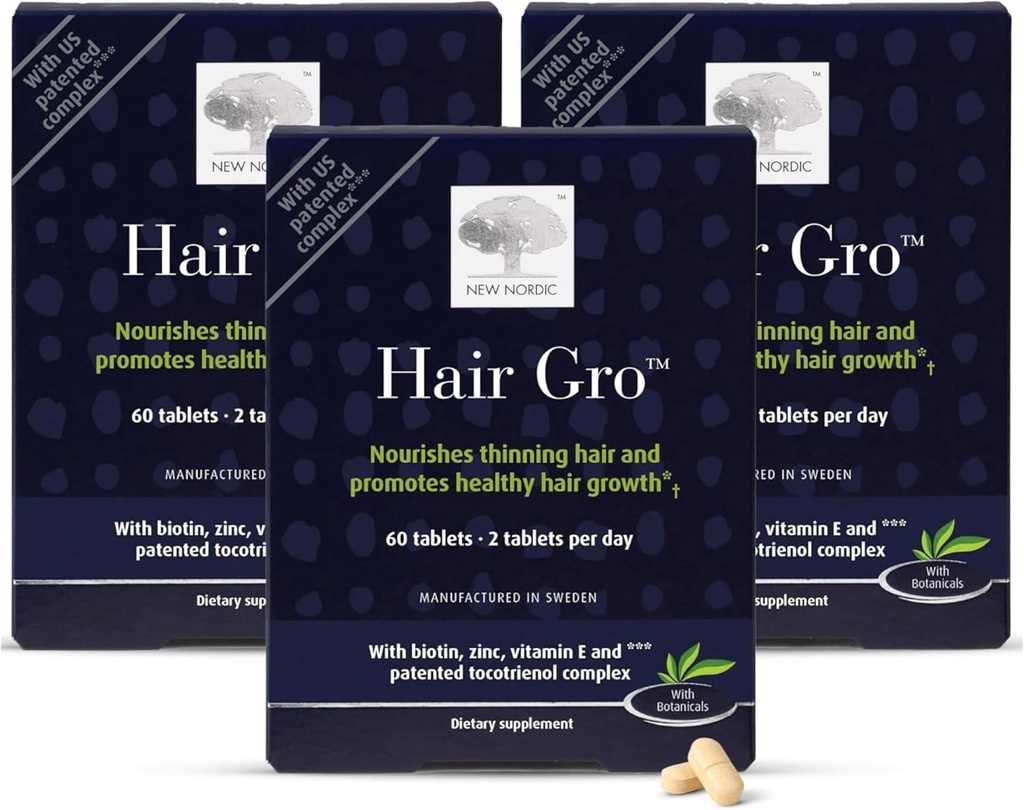 NEW NORDIC Hair GRO, Hair Growth Supplement, Biotin & Palm Fruit Extract Tocotrienols for Natural Regrowth, 60 Count (Pack of 3)