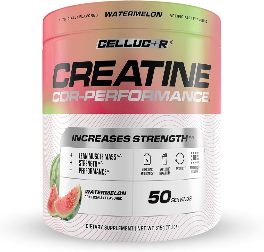 Poudre de créatine cellucor, Saveur de pastèque - Augmente la force, la masse musculaire maigre et l'endurance, la créatine micronisée pour l'absorption rapide, 5g de créatine par portion, 50 portions