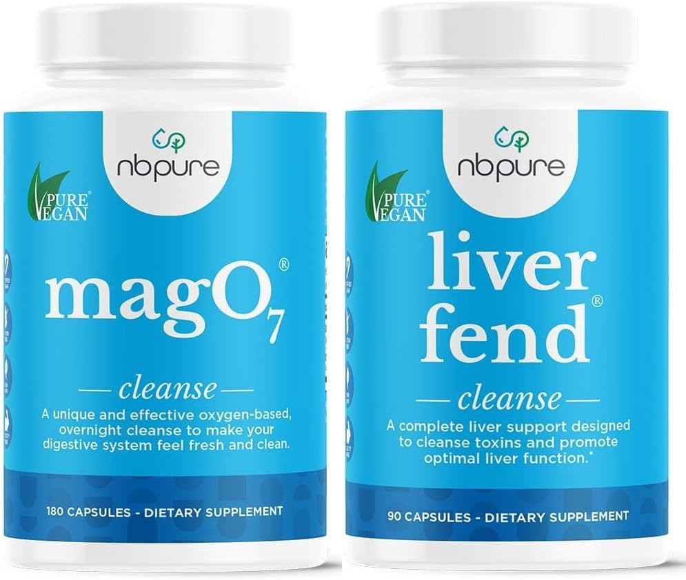 nbpure MagO7 + Foie Fend Detox Bundle (combustible de désintoxication) Nettoyant les colonies à l'oxygène et soutien du foie (relief pour la constipation occasionnelle, le ballonnement et la formation de toxines) Magnésium ozoné + chardon de lait, 180 capsules