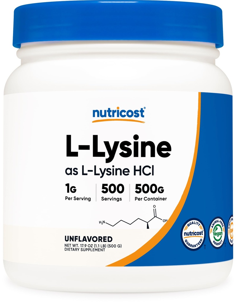 Poudre de L-Lysine Nutricost 500 grammes - L-Lysine pure, sans OGM, sans gluten